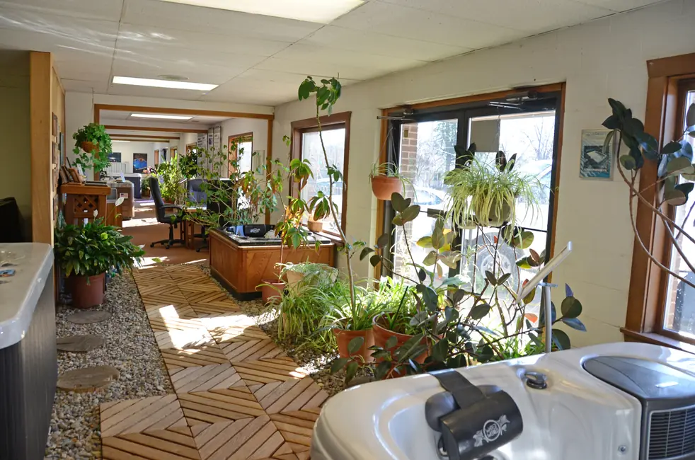 Water World showroom by day: a hot tub on teak deck tiles and gravel, ferns and potted plants, window light