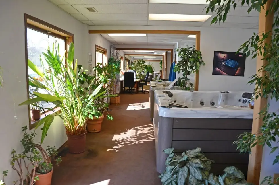 Long showroom aisle of hot tubs with window light and potted palms